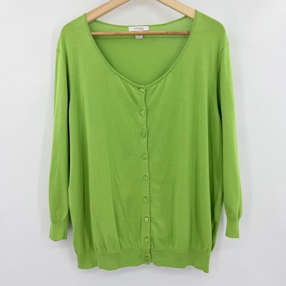 Dressbarn Woman Lime Green Cotton Button Front Cardigan Sweater 14/16 3/4 Sleeve